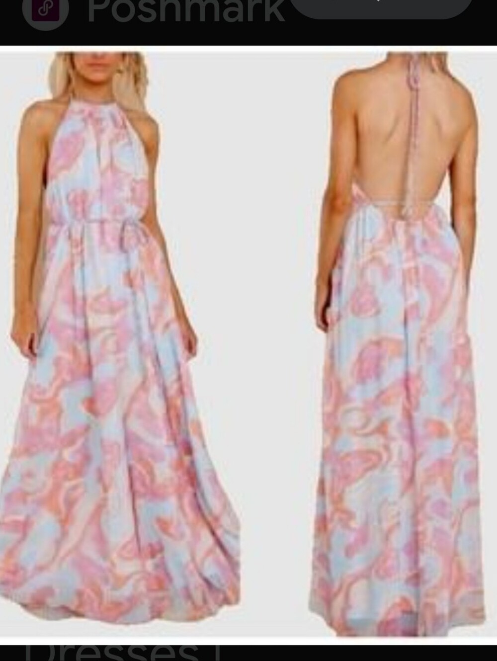 Aakaa Pink and Light Blue Marble Halter Backless Maxi Dress